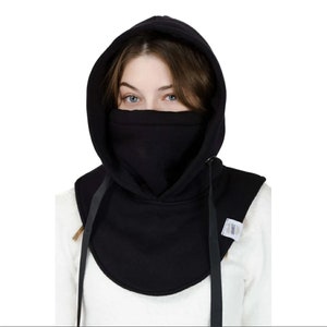 Black Neck Gaiter with Hood. Versatile Face Mask. Head Covering for Outdoor Sports, Biking, Hiking or Everyday Wear. Cold weather Warm buff.