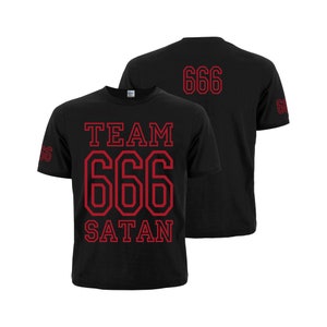 Camiseta preta Team Satan, 666. Simbolismo oculto, Baphomet, Lilith, Sigil, Belzebu, Lúcifer. Feito na Ucrânia. Pentáculo com cabra.