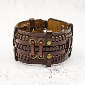 Steampunk Leather brown bracelet. Exclusive Wristband in steampunk style. Handmade in Ukraine! Unisex gift for parties or everyday wear.