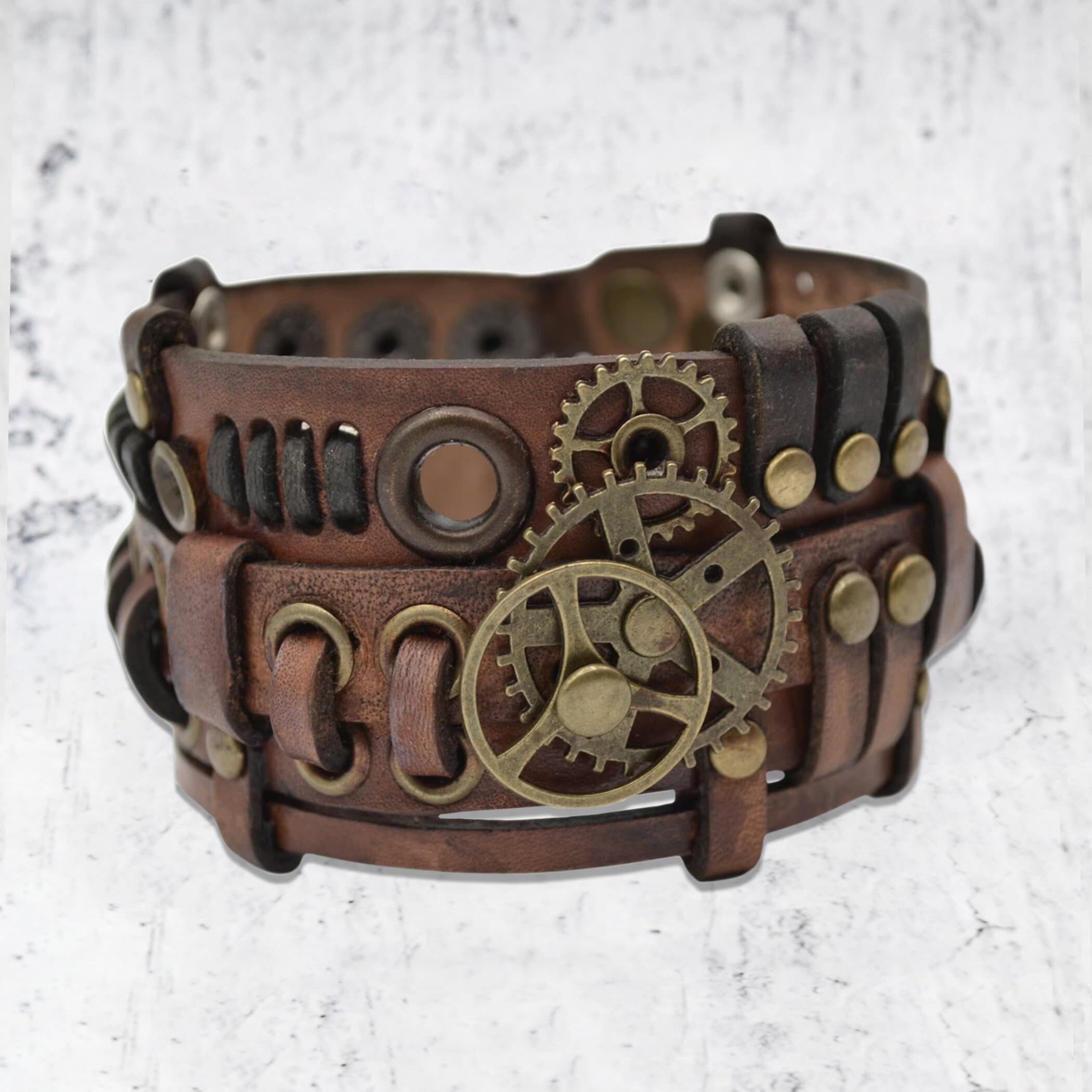 Steampunk Leather brown bracelet. Wristbands with gears and mechanisms. Handmade in Ukraine! Unisex gift for parties or everyday wear.