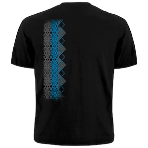 May include: Black t-shirt with a vertical blue and gray geometric pattern on the back.