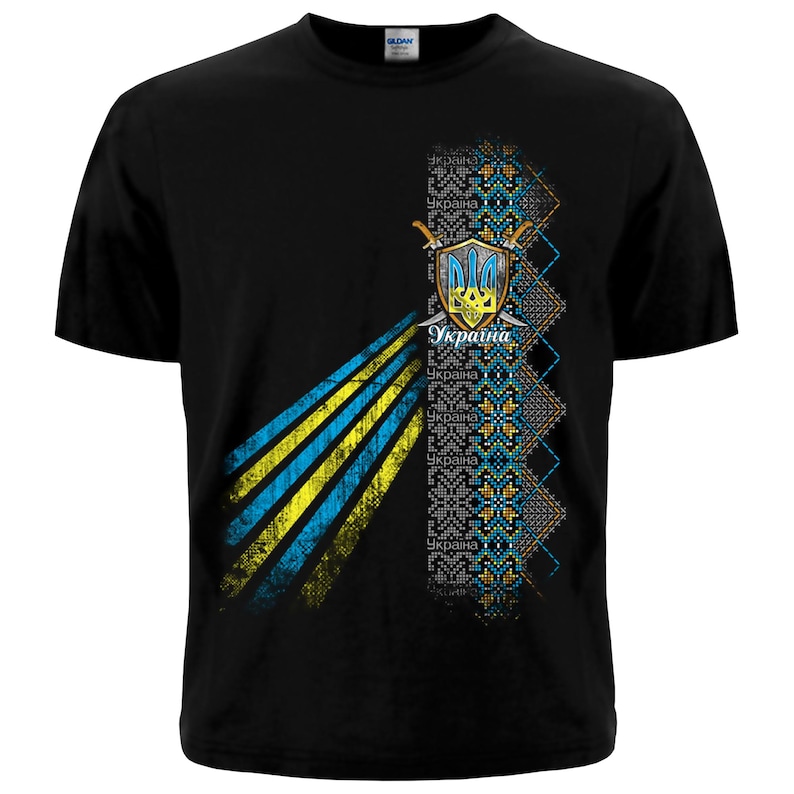 May include: Black t-shirt with a yellow and blue striped design, a Ukrainian coat of arms, and the word "Ukraina" written in Cyrillic.