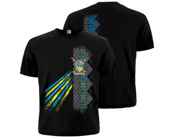 Ukrainian Trident T-Shirt. Stylization for traditional authentic clothes - vyshyvanka. Coat of arms of Ukraine with sabers. Made in Ukraine.