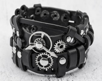 Steampunk Leather black bracelet. Wristband with gears and mechanisms. Handmade in Ukraine! Unisex gift for parties or everyday wear.
