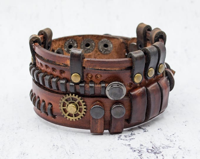Steampunk Leather Bracelet, Gears & Mechanisms, Handmade Wristband