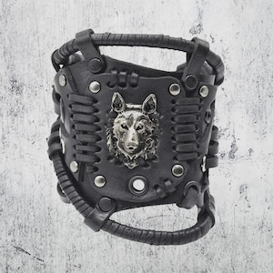 Steampunk Black Bracelet Wolfs Head (Fenrir).  Viking style, made in Ukraine.  A stylish accessory for parties.  Handmade gift.