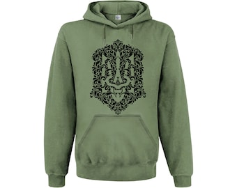 Olive hoodie Ukrainian Trident in a plant pattern. Patriotic clothes with Tryzub. National coat of arms of Ukraine. Made in Ukraine.