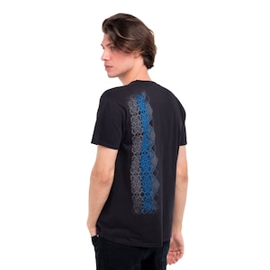May include: Black t-shirt with a blue and gray patterned design on the back.