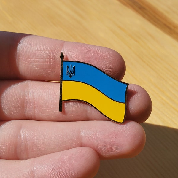 Metal patriotic pin with yellow-blue national flag of Ukraine and Trident. Coat of arms of the state. Made in Ukraine. Painstaking handwork.