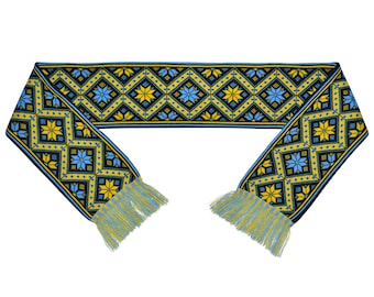 Scarf Ukrainian embroidery, Mother's Star ornament. Made in Ukraine. Warm and soft scarf for the cold season. Yellow-blue pattern.