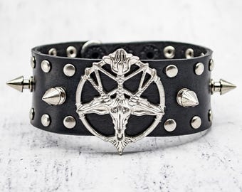 Pulsera de cuero con pentagrama de Baphomet: púas steampunk, joyería gótica