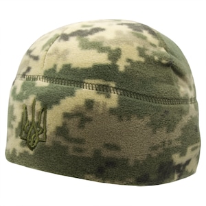 Fleece military camouflage hat with Ukrainian Trident. Pixel camouflage. National coat of arms. Warm hat for cold weather. Made in Ukraine.