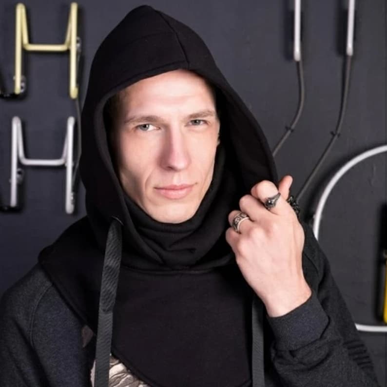 Black Neck Gaiter With Hood. Versatile Face Mask. Head Covering for