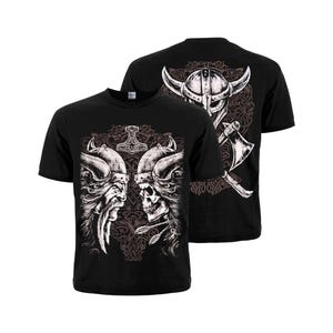 Viking with Skull T-Shirt. Thor&#39;s hammer (Mjolnir). Nordic ritual ornament. Life and death face to face. Norse Mythology.
