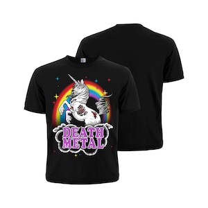 Death Metal T-shirt. Dead unicorn and rainbow. Made in Ukraine. Funny style. Apparel for metal music festival.