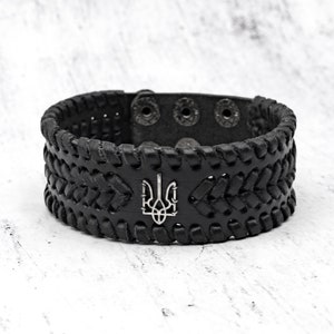 Patriotic black leather bracelet with Ukrainian trident. Coat of arms - Trident. Handmade in Ukraine. Steampunk style.