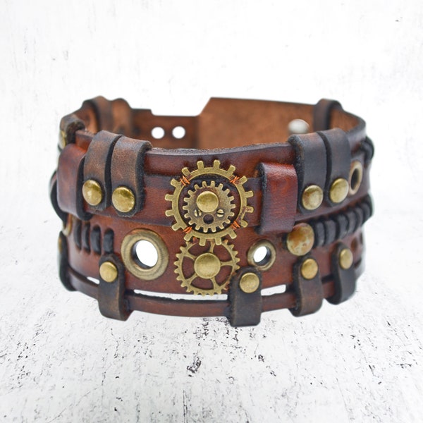 Steampunk Leather brown bracelet. Wristbands with gears and mechanisms. Handmade in Ukraine! Unisex gift for parties or everyday wear.