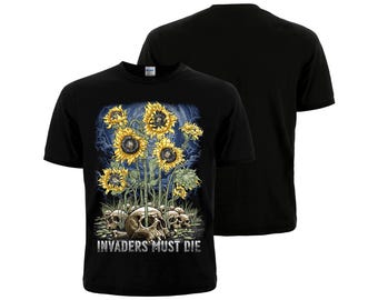 Ukrainian Patriotic T-Shirt with Skulls and Sunflowers "Invaders Must Die". Symbol of Resistance, Freedom & Strength. Made in Ukraine.