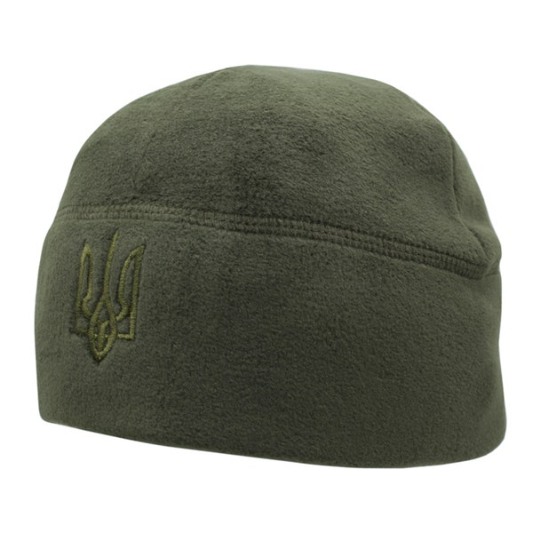 Chapeau olive militaire en polaire avec trident ukrainien. Vêtements tactiques. Armoiries nationales. Bonnet chaud pour temps froid. Fabriqué en Ukraine.