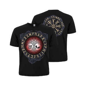 Black T-Shirt Yggdrasil World Tree and Vegvisir Runic Compass. Viking style, Asatru. Odins Crows Hugin, Munin. Scandinavian symbols. Drakkar