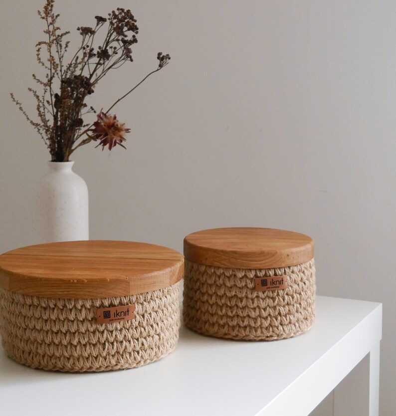 Jute Baskets with Lid Set of Two Baskets Wooden Lid Etsy