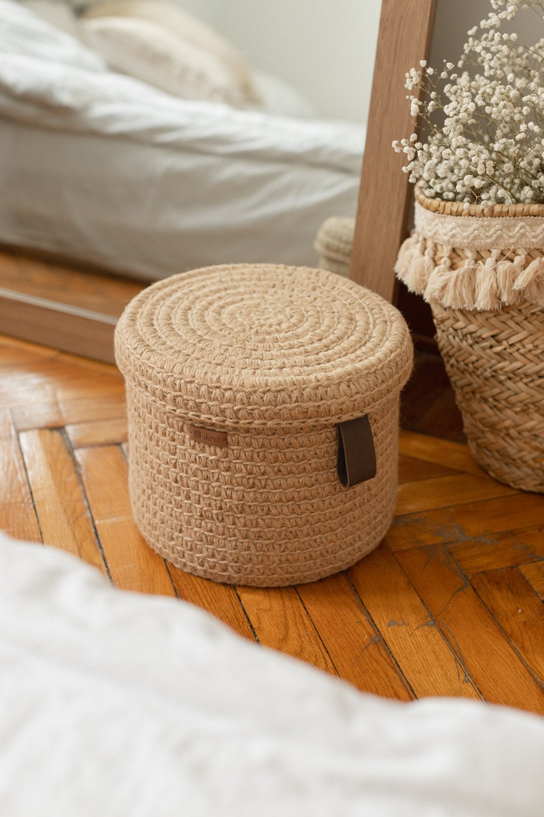 Jute Basket With Lid Storage Jute Basket Round Brown Etsy
