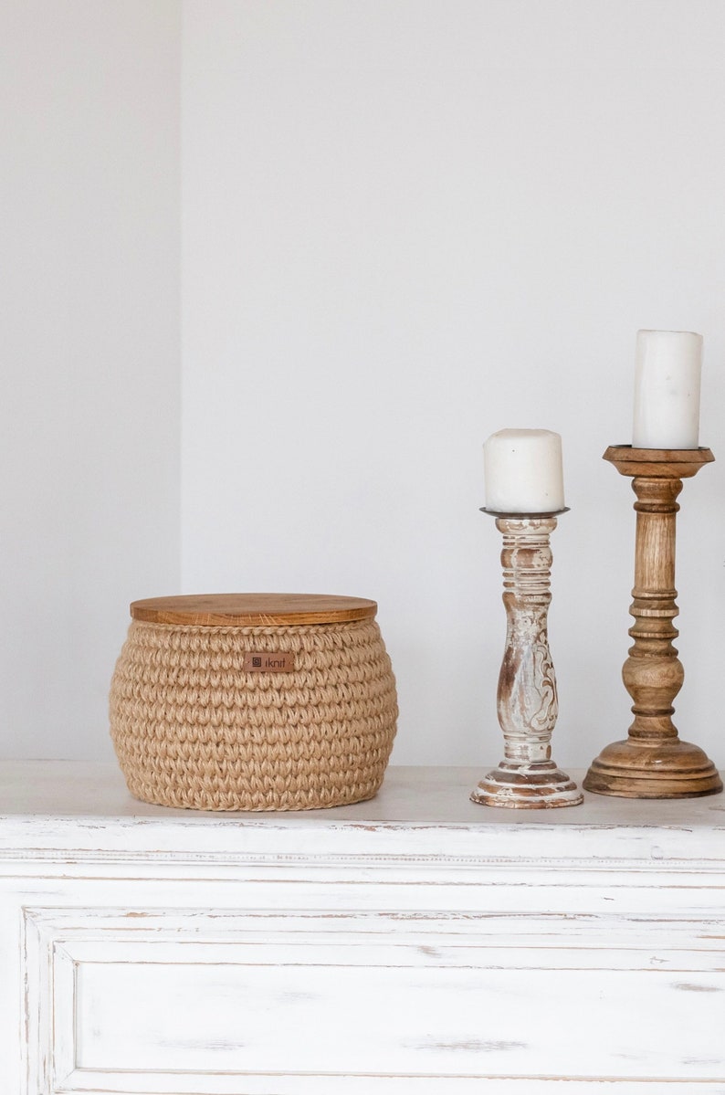 Jute Basket With Wooden Lid Storage Organizer Ecofriendly Etsy