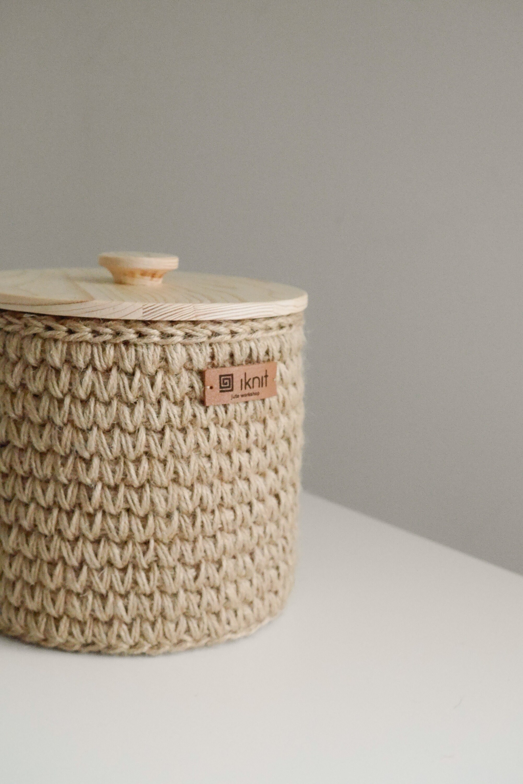 Storage basket with wooden lid. Little jute basket for storage Etsy