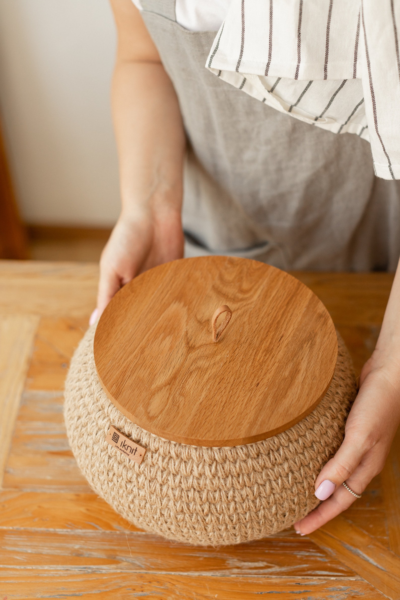 Jute Basket With Wooden Lid Storage Organizer Ecofriendly Etsy