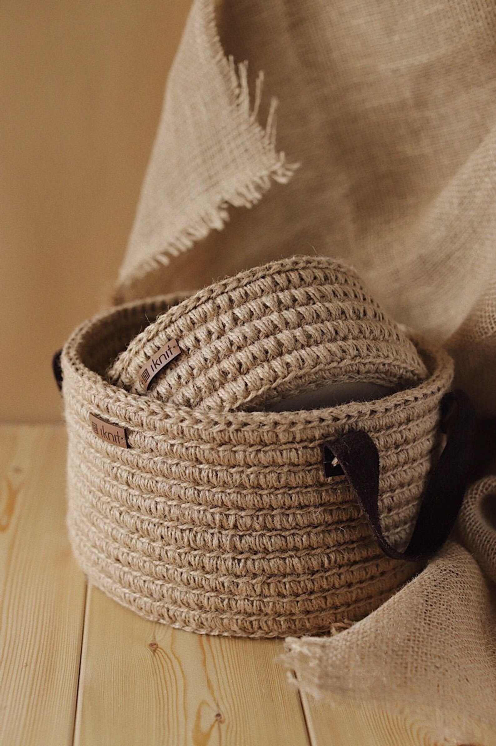 Jute Basket Storage Baskets with leather handles Round Etsy
