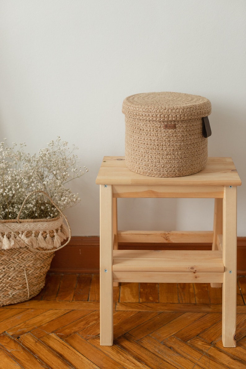 Jute Basket With Lid Storage Jute Basket Round Brown Etsy