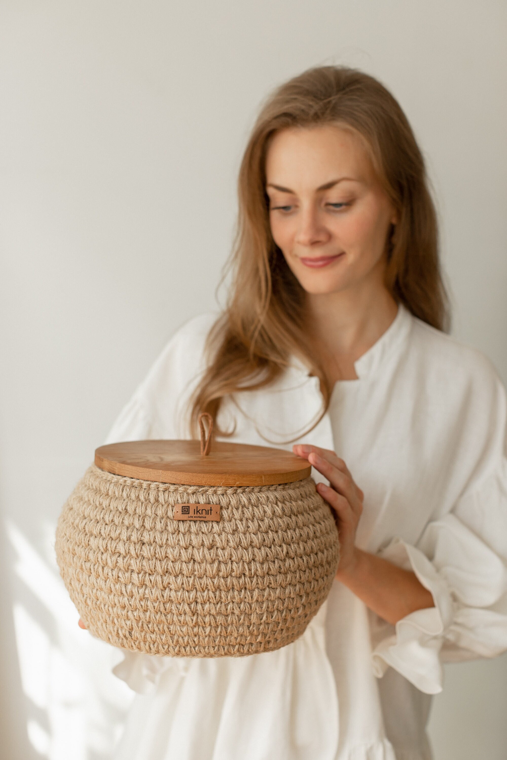 Jute Basket with Wooden Lid | Storage Organizer | Eco-friendly Decor | Barrel-Basket