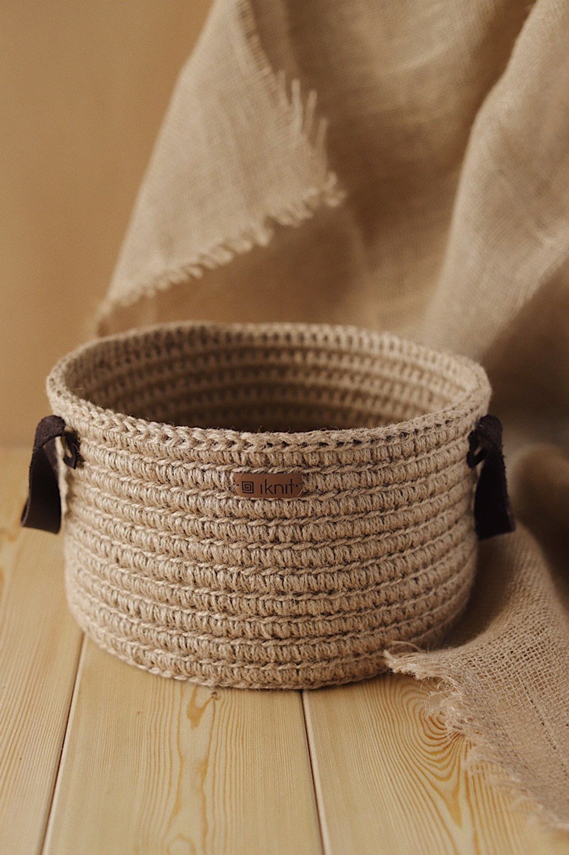 Jute Basket Storage Baskets with leather handles Round Etsy