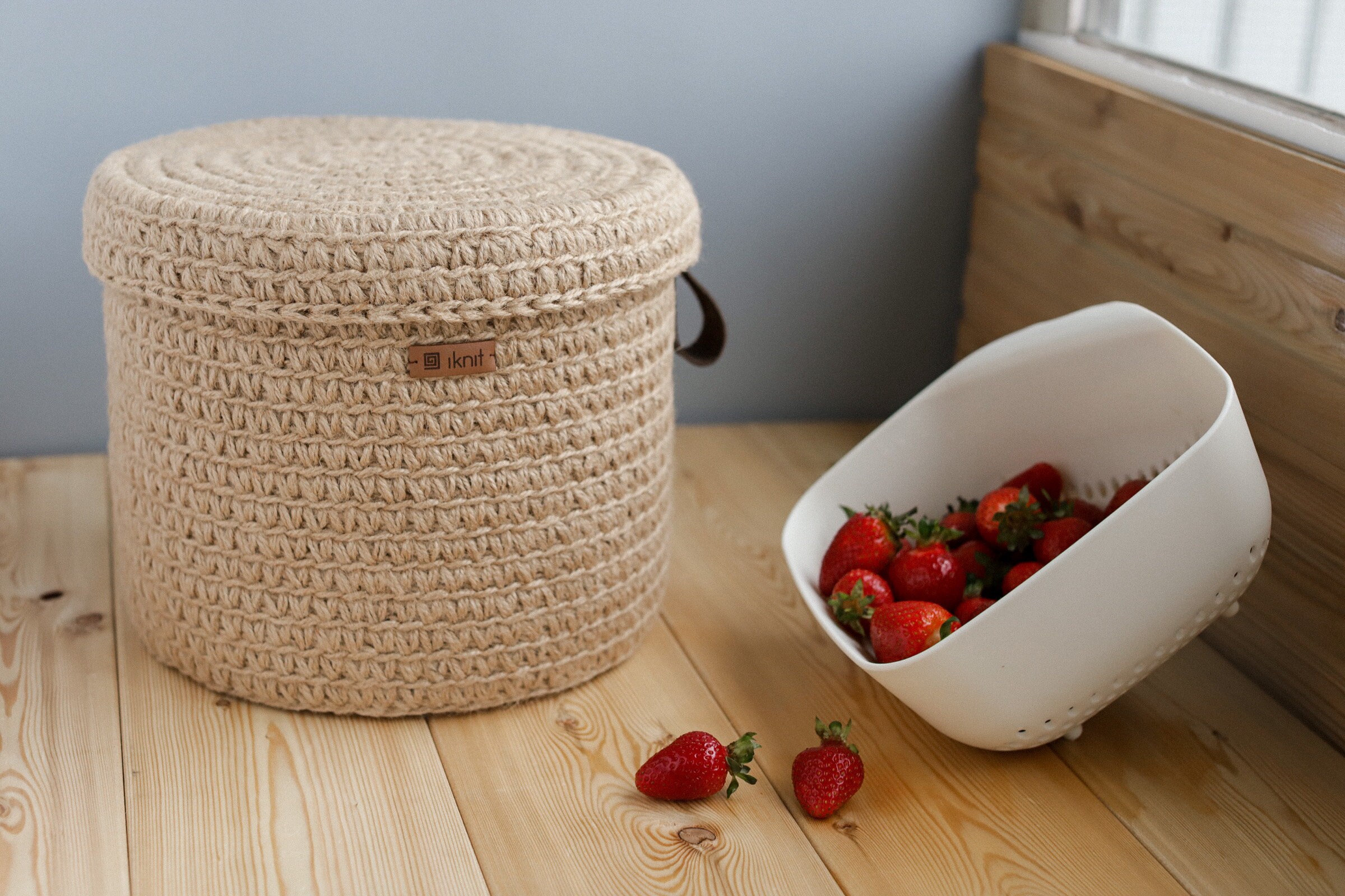 Jute Basket with Lid Storage Jute Basket Round Brown Etsy