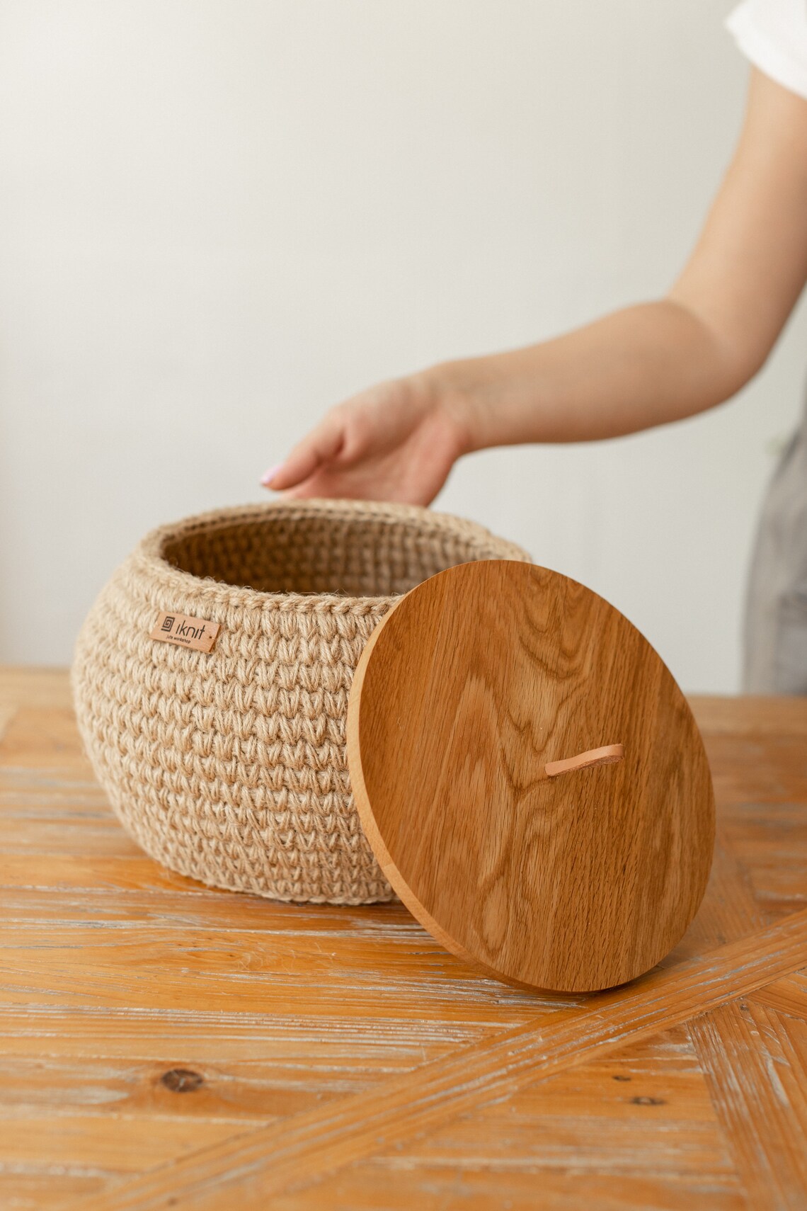 Jute Basket With Wooden Lid Storage Organizer Ecofriendly Etsy