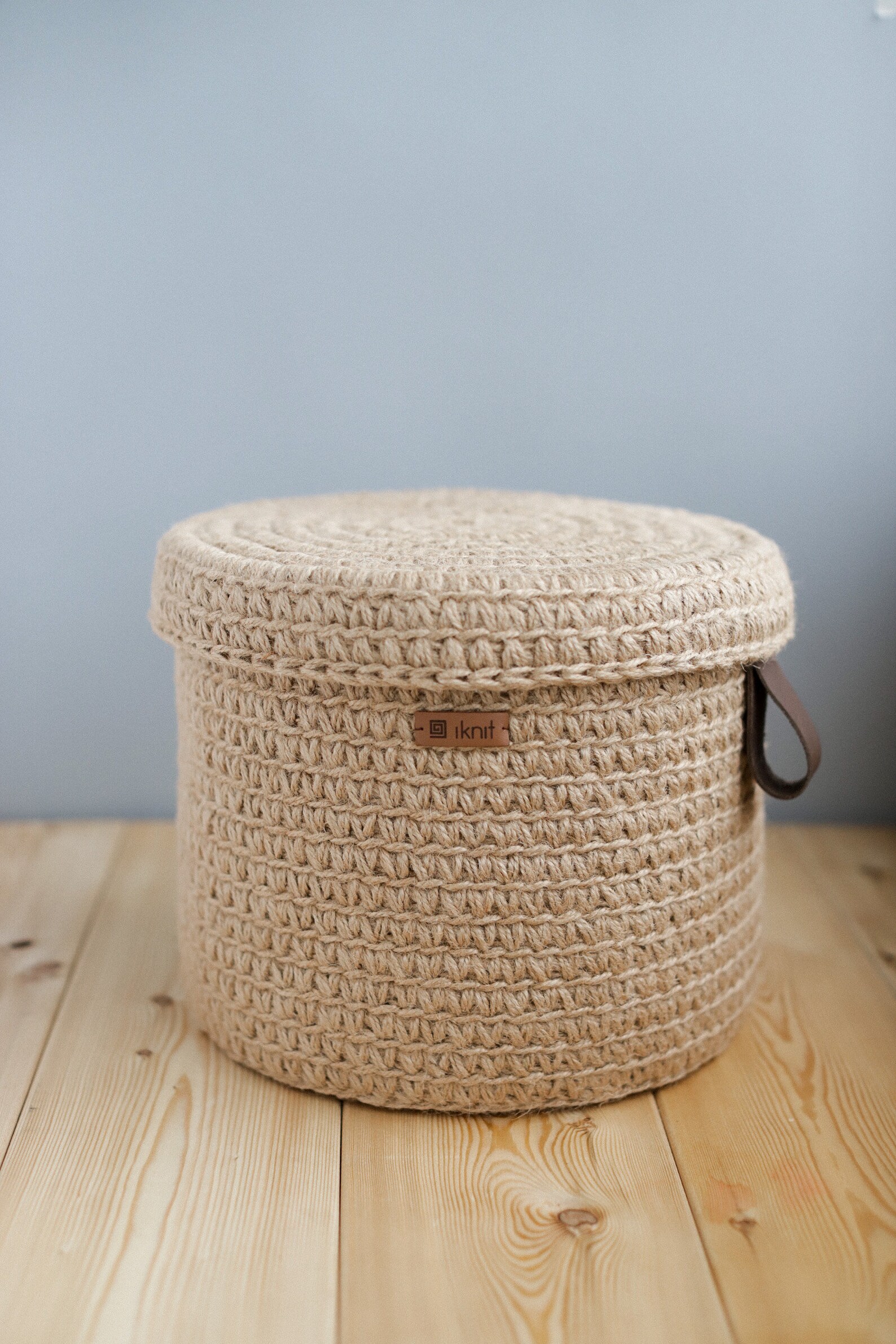 Jute Basket With Lid Storage Jute Basket Round Brown Etsy