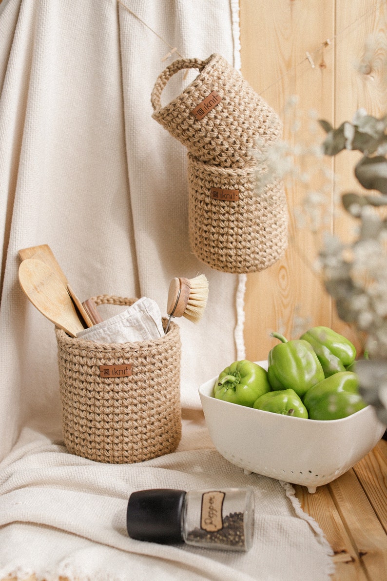 Crochet jute baskets. Set 3 Storage baskets. Wall hanging Etsy