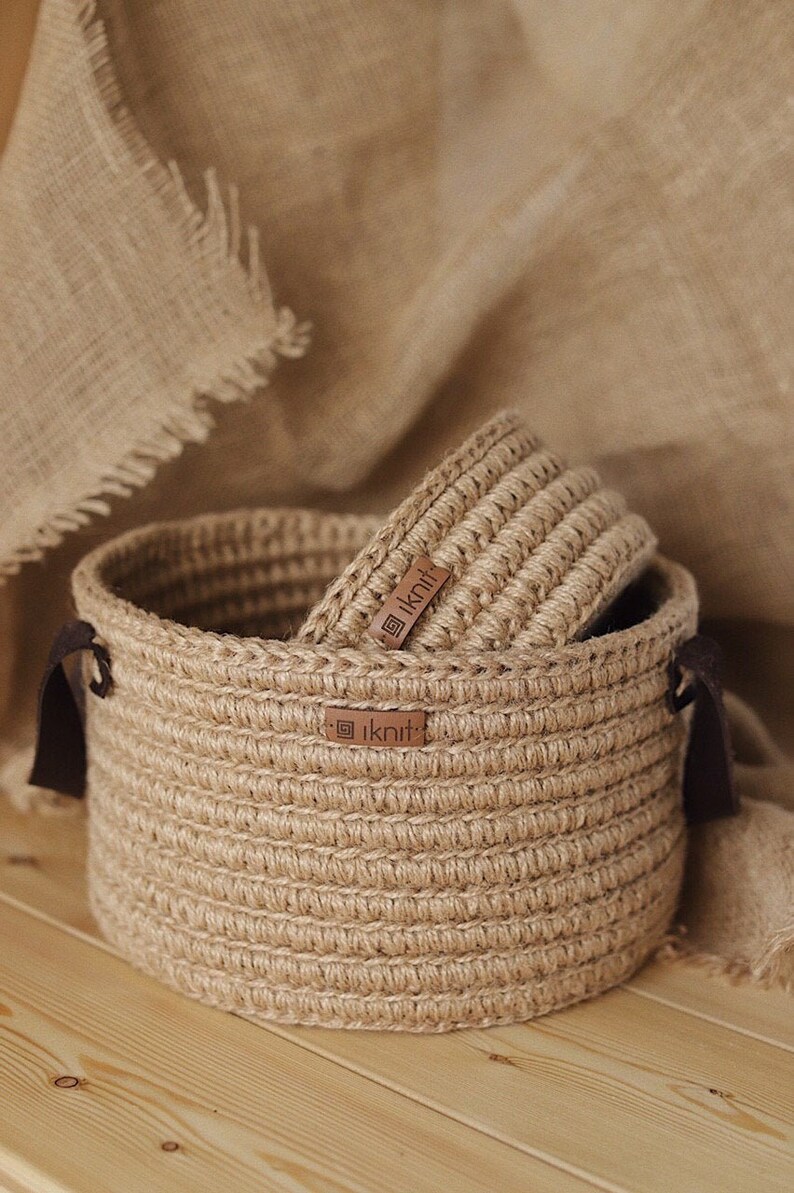 Jute Basket Storage Baskets with leather handles Round Etsy