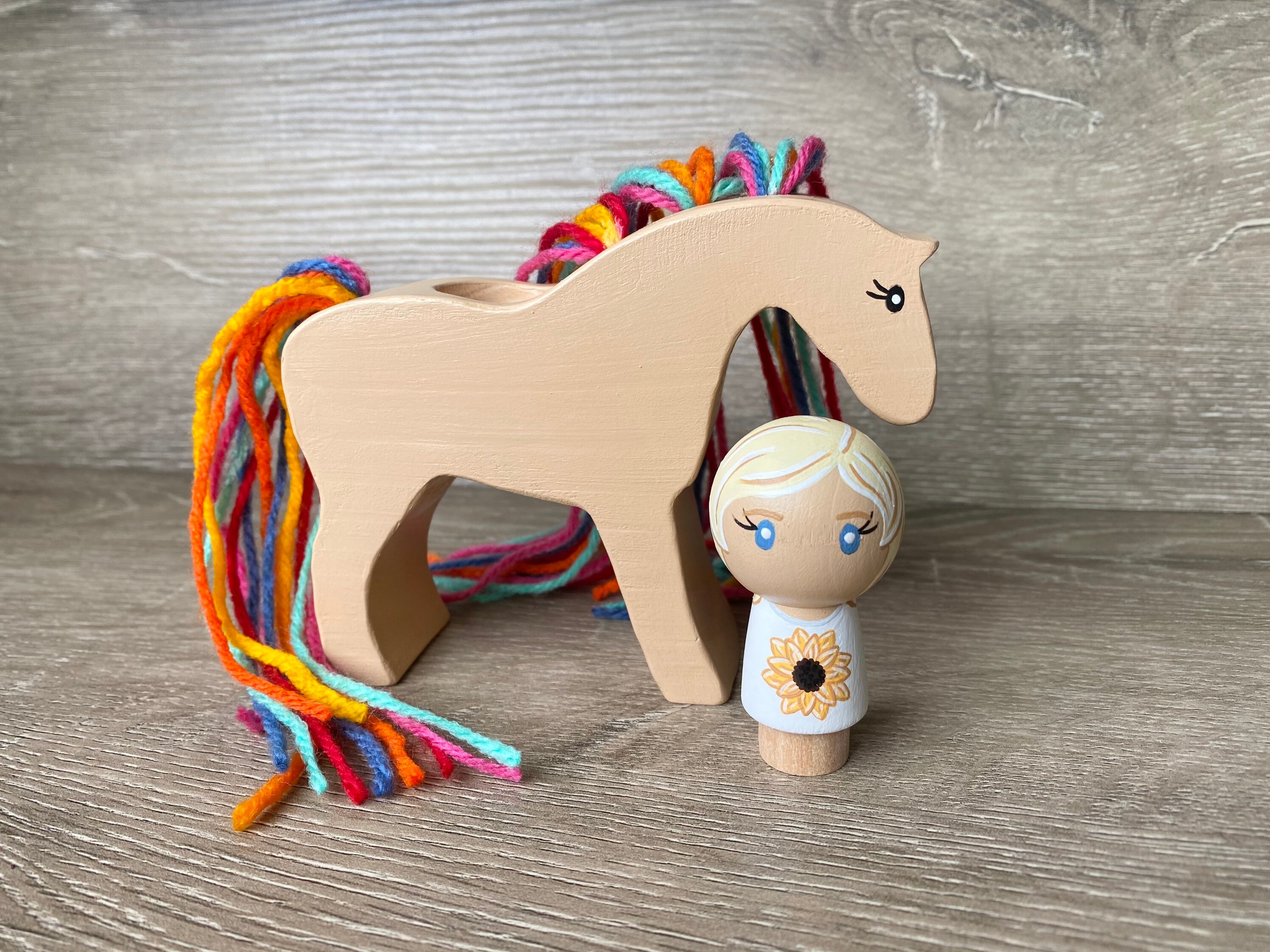 Wooden Horse Yarn Horse Wood Horse and Peg Doll Rider Etsy