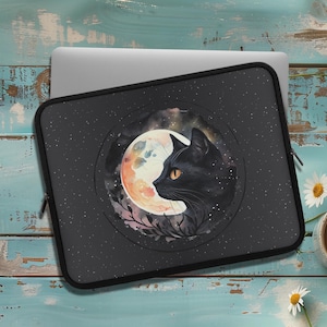 Witchy Black Cat Moon Laptop Sleeve, Celestial Padded Laptop Bag