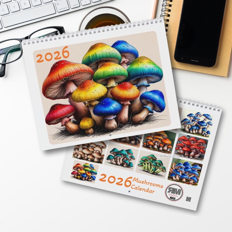 2026 Mushroom Wall Calendar, Fungi Art Print, Cottagecore Kitchen or