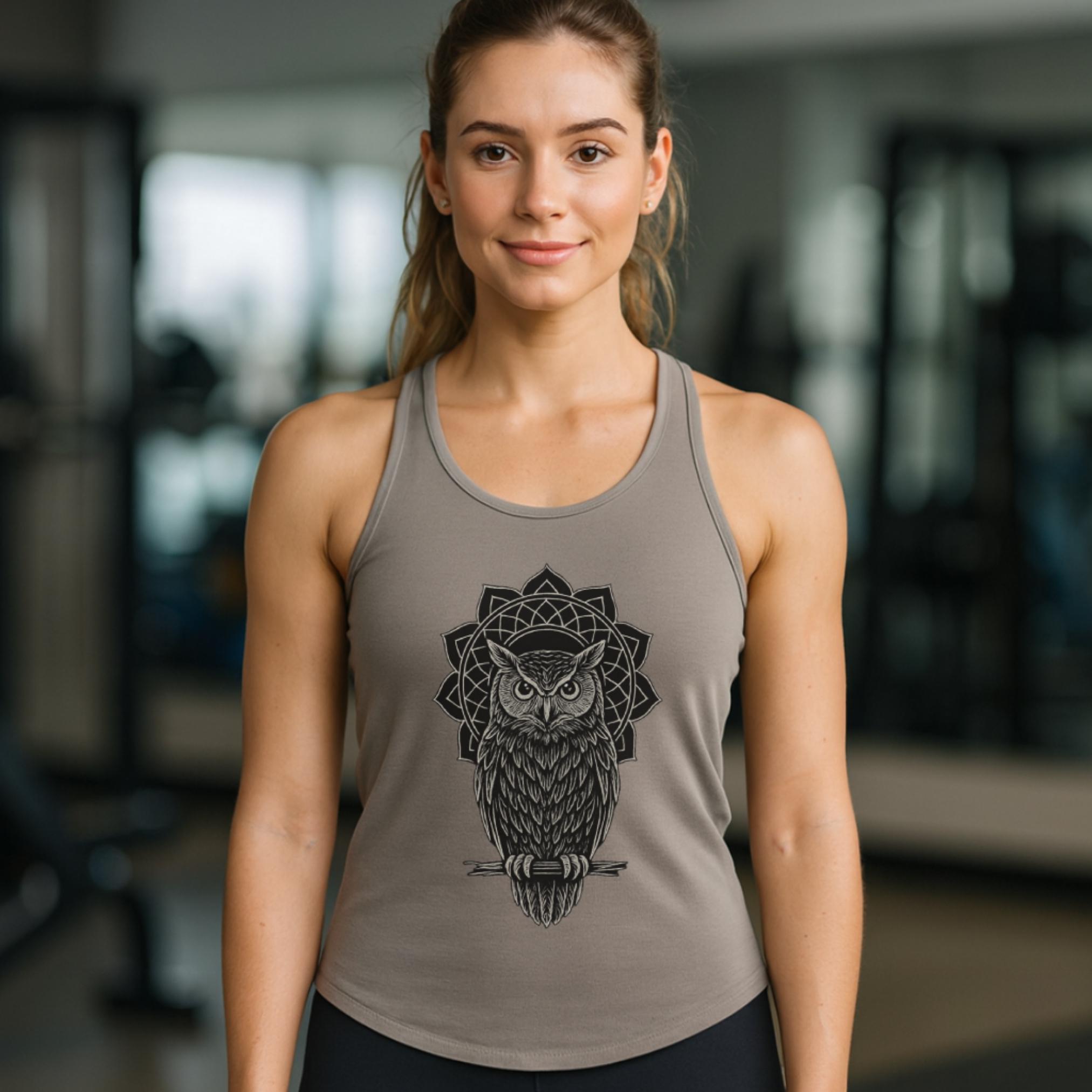 Witchy Owl Racerback Tank, Boho Gothic Owl Top, Dark Cottagecore Workout Tank, Next Level 1533 Women