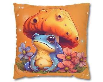 Sunlit Frog and Toadstool Throw Pillow Cushion Cover