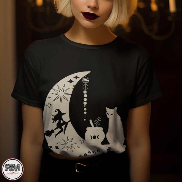 Black Cat, Witch on Broomstick on a Crescent Moon Witchy Aesthetic Shirt for Darkcore, Weirdcore, Dark Academia Occult Gothic