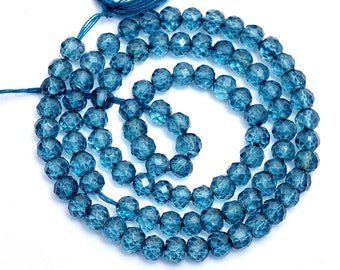 London Blue Topaz Micro Faceted Beads, Crystal Coated Topaz Round Gemstone for Jewelry, 13inch Strand