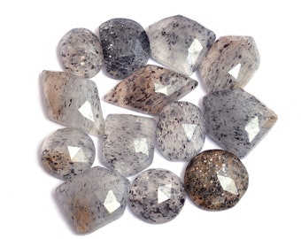 Pode incluir: Uma coleção de doze cabochões de pedra preciosa facetados em vários tons de cinza e marrom. As pedras têm uma aparência salpicada e nublada e estão dispostas em círculo.