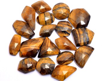 Yellow Tiger Eye Loose 7x11mm-13x20mm Faceted Rosecut Cabochon Mix Lot ~ Natural Tiger Eye Semi Precious Gemstone Fancy Flat Back Cabochons
