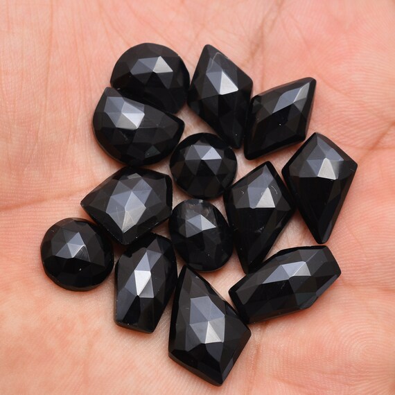 Natural Black Onyx Free Form Rosecut Lot ~ Loose Faceted Black Onyx 11mm-20mm Fancy Gemstone ~ Gemstone Uneven Faceted Flat Back Cabochons