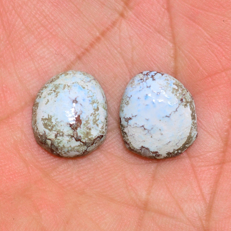 May include: Two oval-shaped turquoise cabochons with a light blue and white colour pattern and brown veins. The stones have a smooth, polished surface.