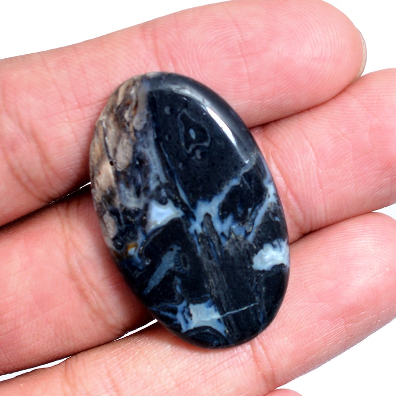 Black Agate Gemstone 24x38mm Smooth Oval Cabochon ~ 48 Cts ~Natural Film Agate Semi Precious Gemstone Loose Flat Back Cabochon For Jewelry